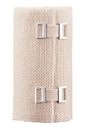 A beige bandage with metal buckles.