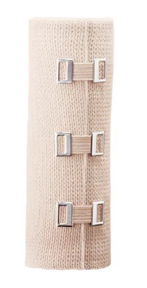 A beige knitted bandage with metal buckles.