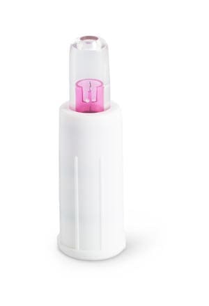 A white plastic bottle with a pink lid.