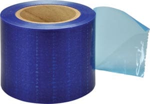 A roll of blue plastic tape on a white background.