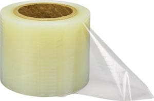 A roll of clear plastic tape on a white background.