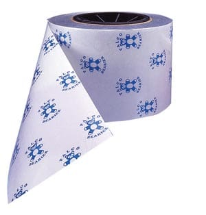 A roll of white tape with blue and white designs.