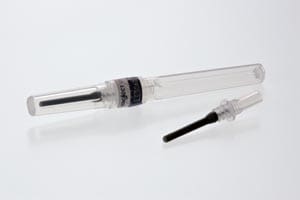 A clear plastic tube with a black tip.