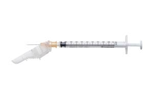 An injection syringe on a white background.