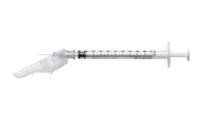 An injection syringe on a white background.