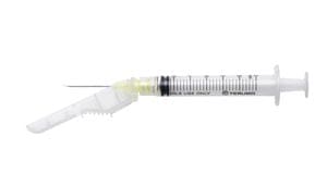 An injection syringe on a white background.