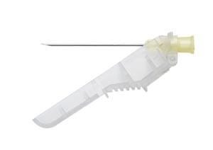 A plastic syringe with a yellow handle.