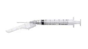 An injection syringe on a white background.