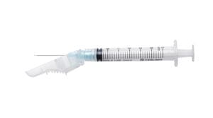 An injection syringe on a white background.