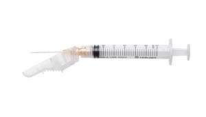 An injection syringe on a white background.