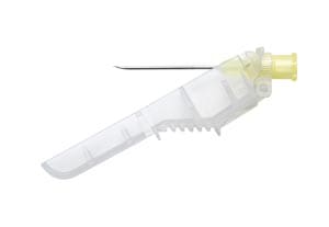 A plastic tool with a yellow handle on a white background.