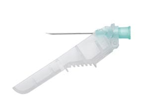 A plastic syringe with a green handle.