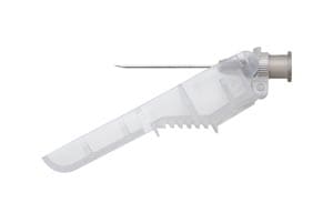 A plastic syringe on a white background.