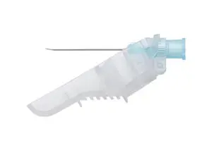 A plastic needle with a blue handle on a white background.