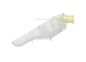 An image of a plastic syringe on a white background.