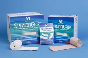 A package of spandagrip bandages on a blue background.