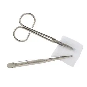 A pair of scissors and a bandage on a white background.