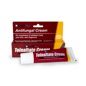 A tube of antifungal cream on a white background.