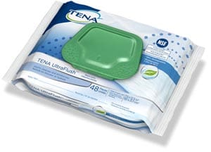 Tena wipes in a package with a green lid.