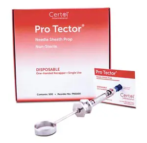 A package of pro tector with a needle and a box.