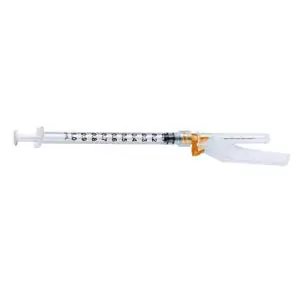 An injection syringe on a white background.