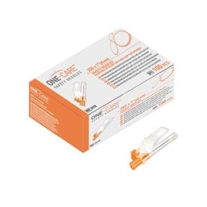 A box with a box of orange and white syringes.