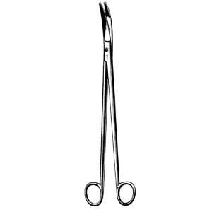 A pair of surgical scissors on a white background.