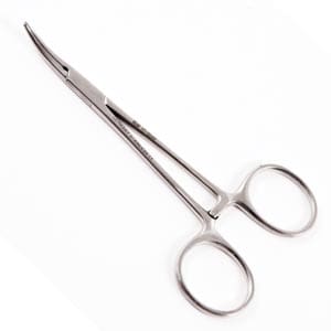 A pair of surgical scissors on a white background.