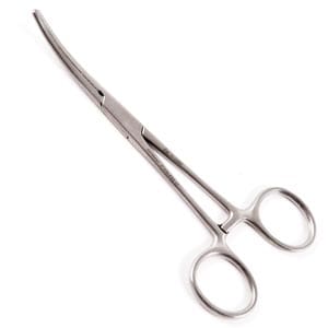 A pair of surgical scissors on a white background.