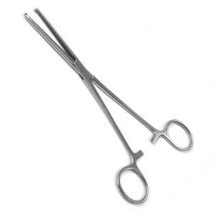 A pair of surgical scissors on a white background.