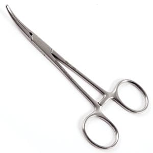 A pair of surgical scissors on a white background.