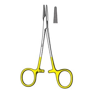 A pair of yellow scissors on a white background.