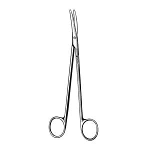 A pair of surgical scissors on a white background.