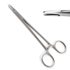 A pair of surgical scissors on a white background.