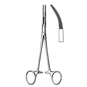 A pair of surgical scissors on a white background.