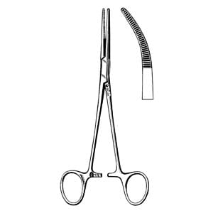 A pair of surgical scissors on a white background.