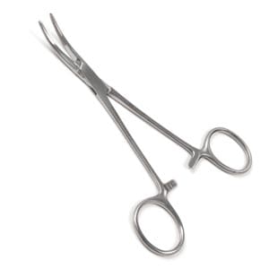 A pair of surgical scissors on a white background.