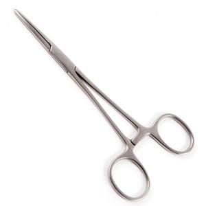 A pair of surgical scissors on a white background.