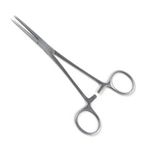 A pair of surgical scissors on a white background.