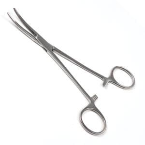 A pair of surgical scissors on a white background.