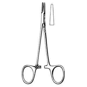 A pair of surgical scissors on a white background.