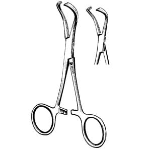 A pair of surgical scissors on a white background.