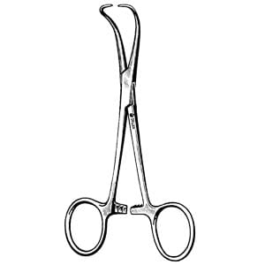 A pair of surgical scissors on a white background.