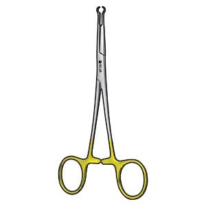 A pair of surgical scissors on a white background.