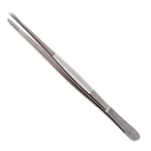 A pair of metal tweezers on a white background.