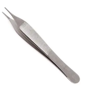 A pair of metal tweezers on a white background.