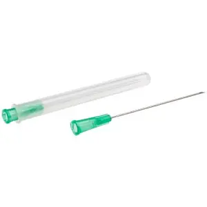 A green plastic tube with a needle attached to it.