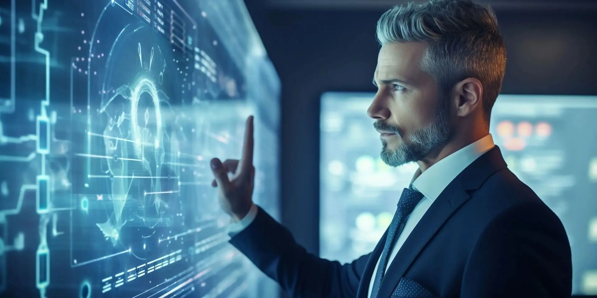 A man in a suit is pointing at a computer screen.