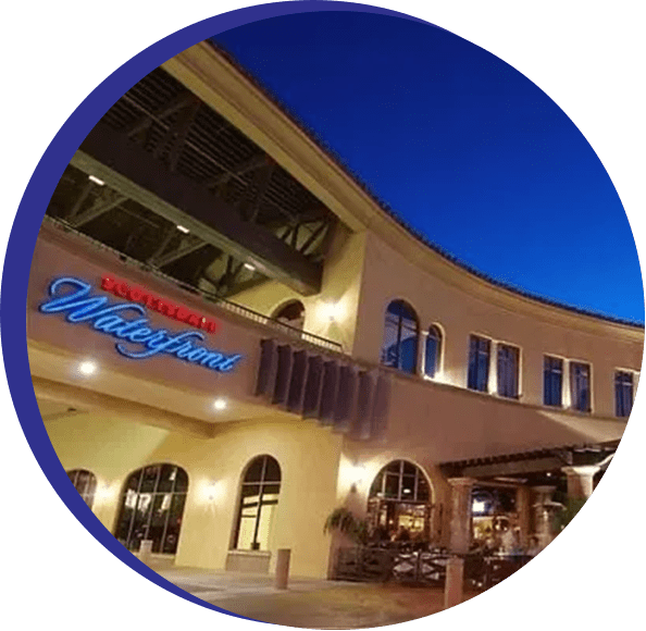 A building with a large blue sign on the front of it.